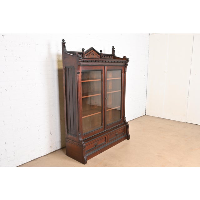 Herter Brothers Herter Brothers Style Antique Eastlake Victorian Carved Walnut Bookcase, Circa 1880s For Sale - Image 4 of 12