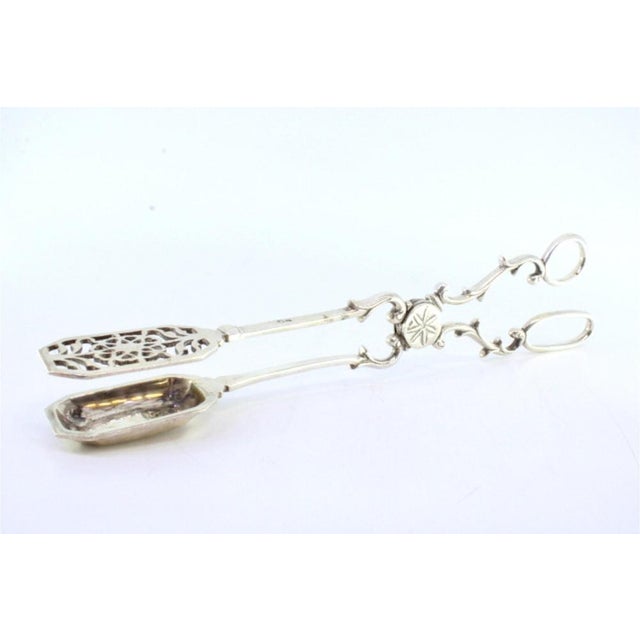 Metal Bread, Salad and Sauce Tongs in Cut-Out Silver, with Raised Floral Motifs on the Handle and Monogram Card For Sale - Image 7 of 8
