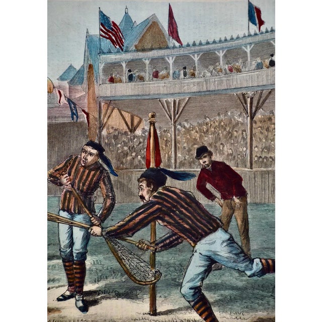 Maroon "A Game of Lacrosse": A Hand-colored 19th Century Woodcut Engraving by Hall, 1884 For Sale - Image 8 of 9