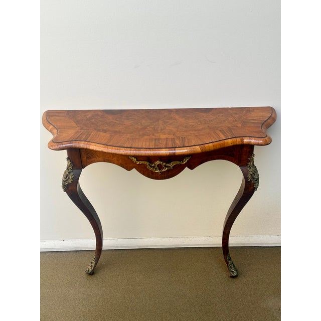 French Very Fine Louis XV Burl Walnut Narrow Wall Console /Table , Circa 1880. For Sale - Image 3 of 10