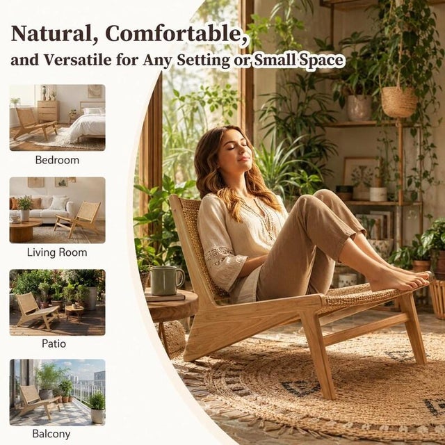 Wood Rattan Accent Chair for Living Room, Mid Century Modern Wood Side Chair, Comfy Bamboo Armchair for Bedroom Reading Nook, Boho Home Decor For Sale - Image 7 of 10