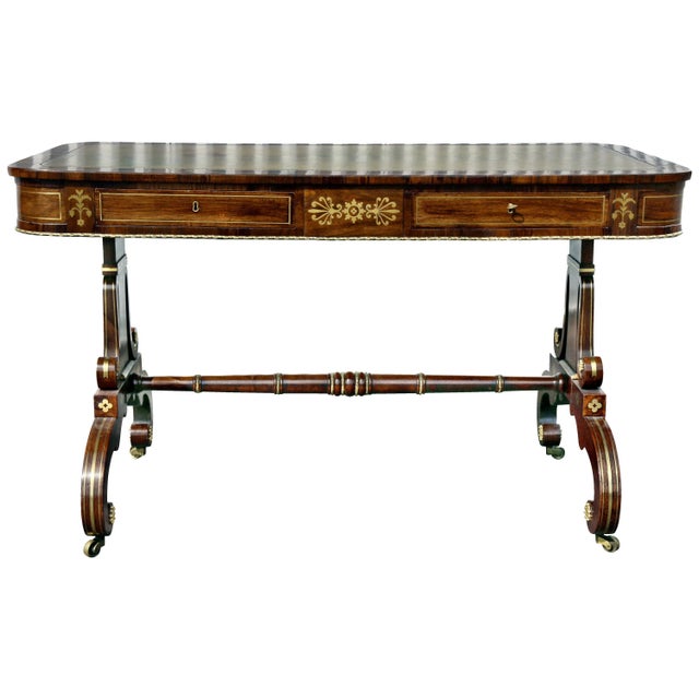 Regency Rosewood and Brass Inlaid Writing Table For Sale - Image 13 of 13