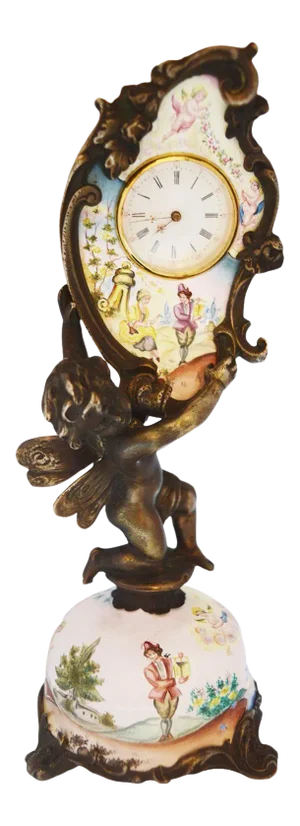 Miniature Austrian Enamel Sterling Silver & Bronze Desk Clock