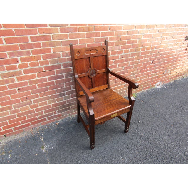 Antique Oak English Gothic Thrown Chair 1880s For Sale - Image 4 of 9