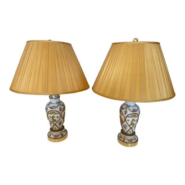 Vintage Porcelain Painted Table Lamps With Brass Overlays -A Pair For Sale