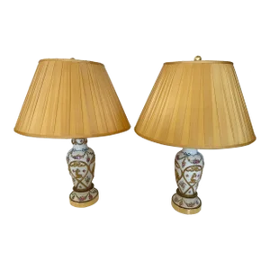 Vintage Porcelain Painted Table Lamps With Brass Overlays -A Pair