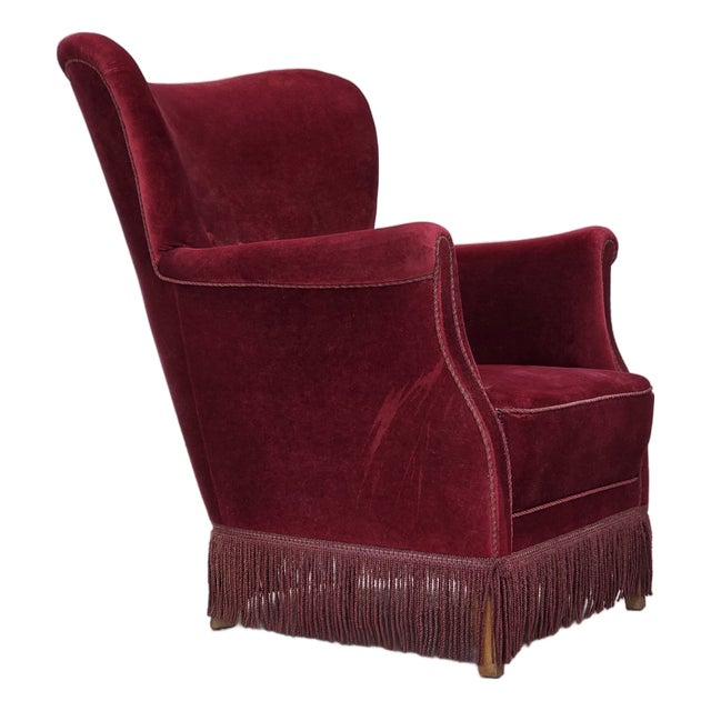 Vintage Danish Lounge Chair in Cherry-Red Furniture Velour and Oak, 1960s For Sale