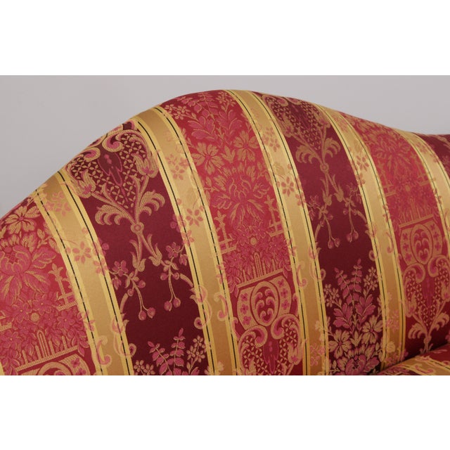 Wood Vintage Camelback Damask Upholstered Sofa For Sale - Image 7 of 16