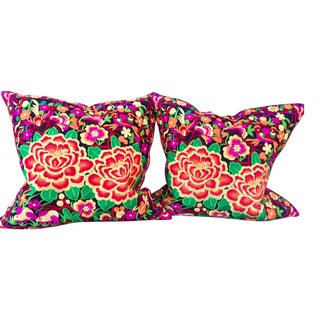 Embroidered Floral Pillows - A Pair For Sale