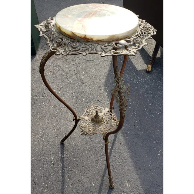 American 1970s Carved Iron With Stone Top Plant Stand For Sale - Image 3 of 7