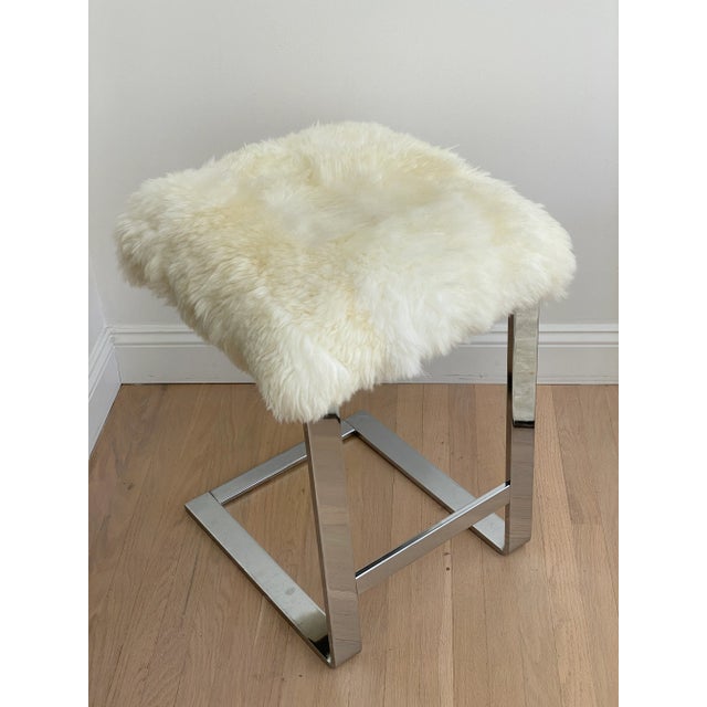 1970s Chrome Flat-Bar Sheepskin Stool by Pace For Sale - Image 11 of 11