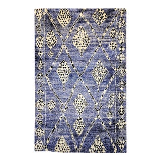 Vintage Moroccan Rug, Hand-Knotted Wool, All-Over Geometric Pattern, Blue & Ivory, 6’ X 9’ For Sale