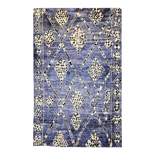 Vintage Moroccan Rug, Hand-Knotted Wool, All-Over Geometric Pattern, Blue & Ivory, 6’ X 9’ For Sale