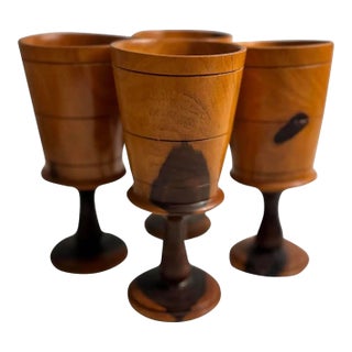 1960s Hand Turned Mixed Wood Goblets Set of 4 Artisan Studio For Sale