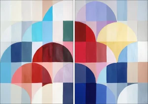 2025, Bauhaus Gems, Intuitive Modernism Painting, Large Diptych of Balloons Patterns, Acrylic Painting on Watercolor Paper by Natalia Roman-Set of 2