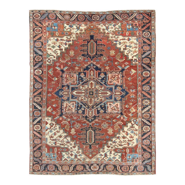 Early 20th Century Antique Serapi Rug Geometric Motifs For Sale