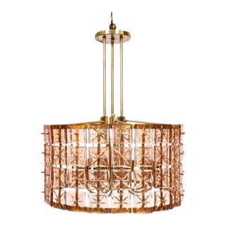 Mid-Century Modern Pink Cut Glass Drum Chandelier For Sale