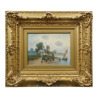 Antique Dutch O Nyvelt Fishing Boat Windmill Landscape Oil Painting on Board For Sale