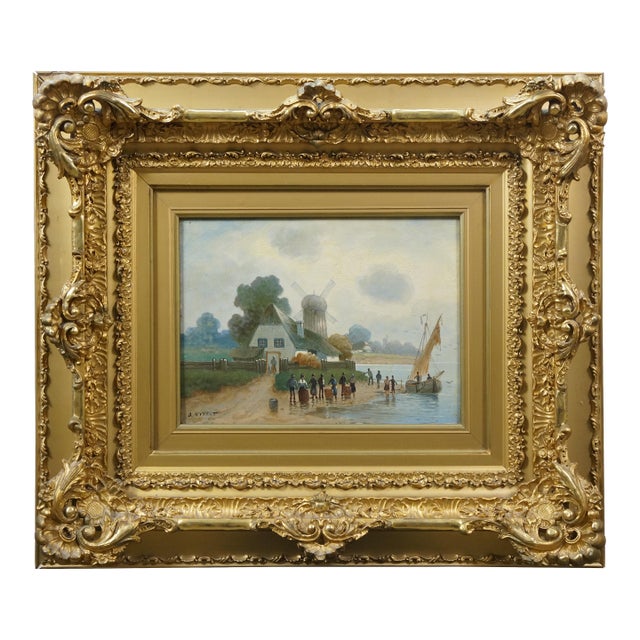 Antique Dutch O Nyvelt Fishing Boat Windmill Landscape Oil Painting on Board For Sale