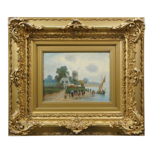 Antique Dutch O Nyvelt Fishing Boat Windmill Landscape Oil Painting on Board