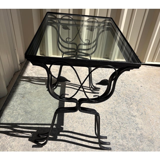 1960s Vintage Art Deco Set of 3 Wrought Iron and Glass Garden Patio Nesting Tables For Sale - Image 5 of 11