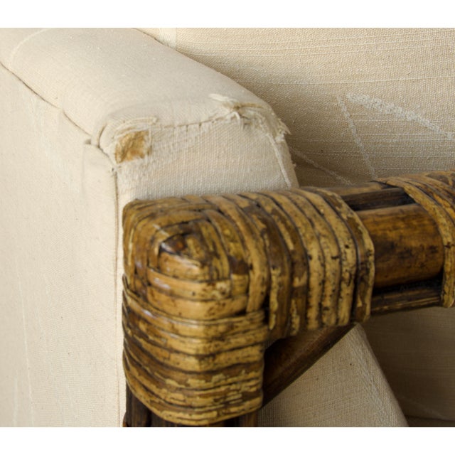 Vintage Rattan Trellis Lattice Sofa in the Style of McGuire With Casters, Wrapped Joints, and Ivory Upholstery, 1970s For Sale - Image 9 of 9