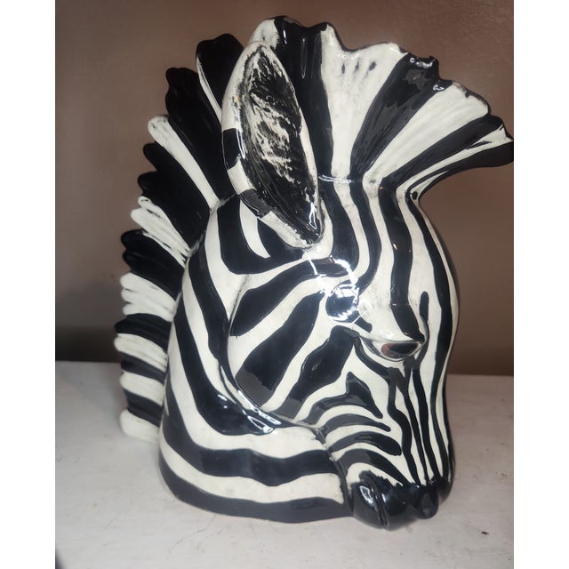 Hollywood Regency Vintage 1970s Hollywood Regency Zebra Head Vase Ceramic Planter Fitz Floyd Style For Sale - Image 3 of 7