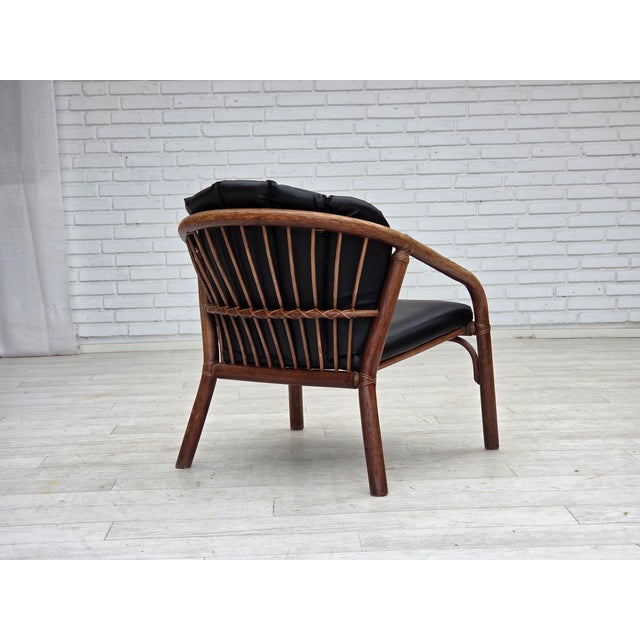 Danish Armchair in Rattan and Black Leatherette, 1970s For Sale - Image 10 of 18