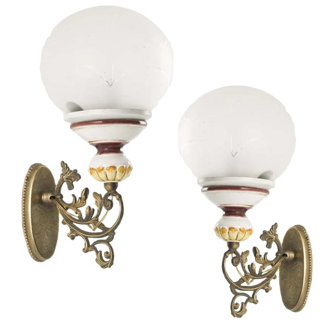Antique Ceramic and Bronze Sconces, Set of 2 For Sale