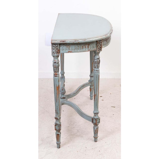 French Louis XV Carved Duck Egg Blue Demi Lune Console Made in Spain For Sale - Image 3 of 12