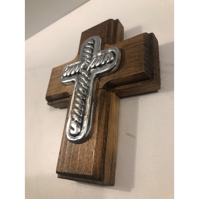This artistic 1990s Mexican Pewter on Wood Cross Wall Plaque will serve as a lovely reminder of God's love and a beautiful...