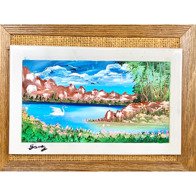 Street Art Vintage Hand Painted Framed Tile Landscape Paining For Sale - Image 3 of 9