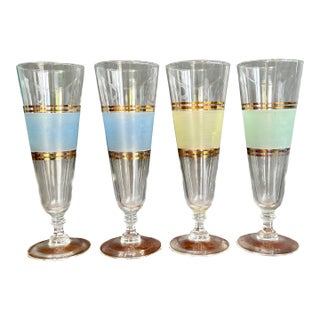 1960s Mid-Century Modern Pilsner Glasses – Frosted Color Bands & Gold Trim – Set of 4 For Sale