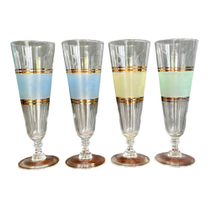 1960s Mid-Century Modern Pilsner Glasses – Frosted Color Bands & Gold Trim – Set of 4