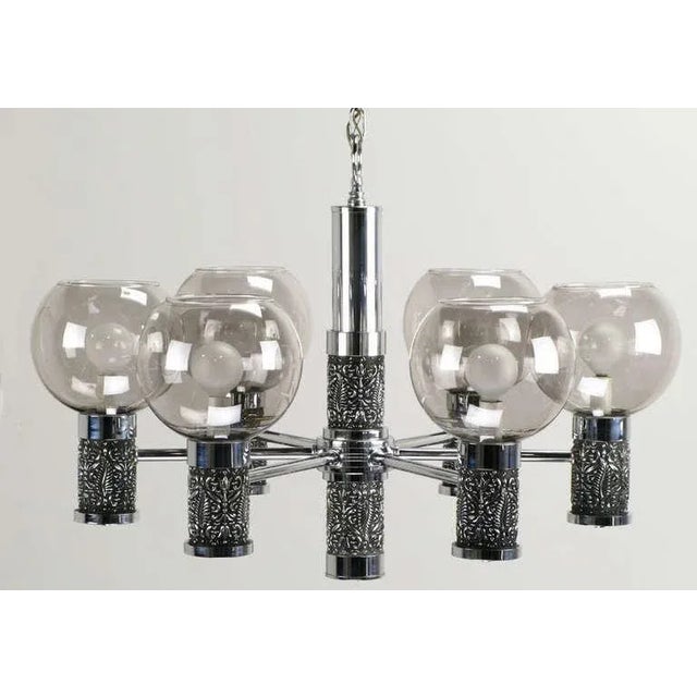 Brutalist Chrome & Smoked Glass Chandelier With Foliate Relief Detail For Sale - Image 3 of 7