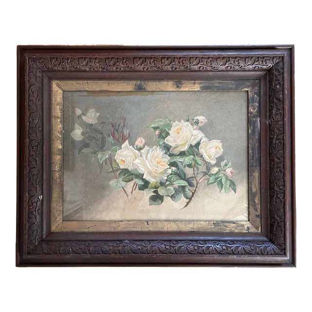 Antique 1848 Still Life Floral Roses Watercolor Painting Signed For Sale