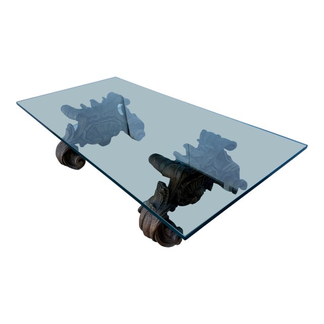 Baroque Style Rectangular Glass-Top Coffee Table With Carved Faux Wood Bases For Sale