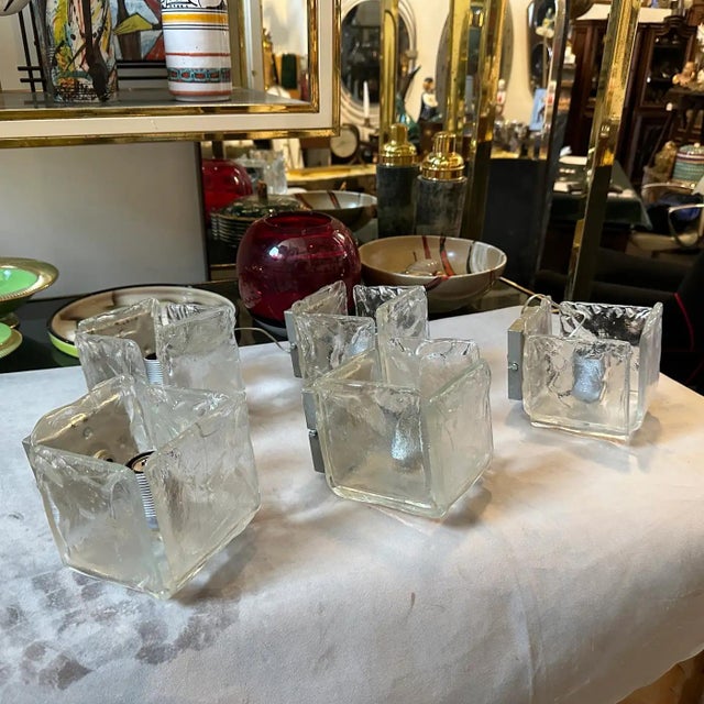 Glass 1970s Modernist Ice Murano Glass Square Wall Sconces by Toso For Sale - Image 7 of 12