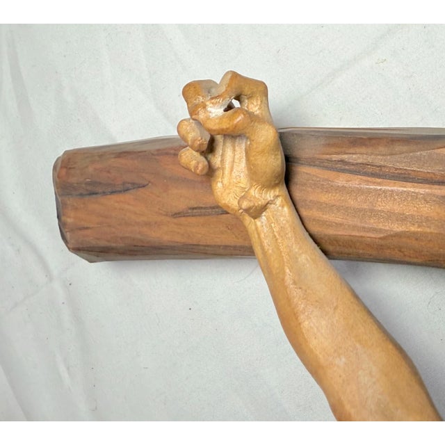 Brown 1970s Share Large Vintage Hand Carved Wood Religious Jesus Crucified Cross Sculpture God For Sale - Image 8 of 16