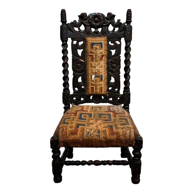 Antique Carved Oak Hall Chair with Cherub Crest and Barley Twist, 1800s For Sale