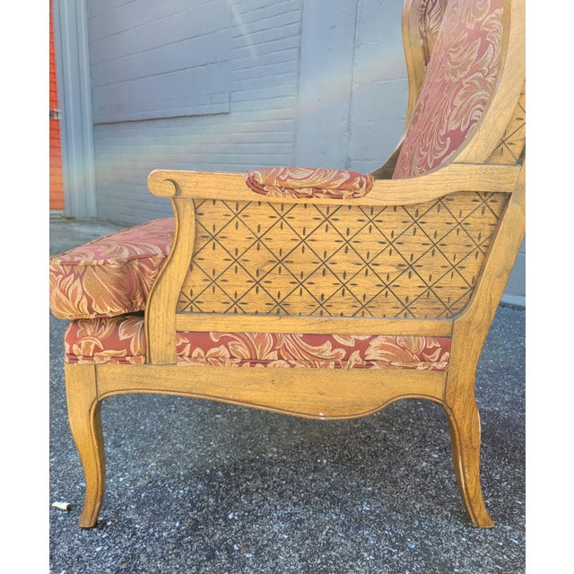 1960s 1964 Barnes & Kimel Queen Anne Wingback Chair With Red Jacquard Fabric For Sale - Image 5 of 9