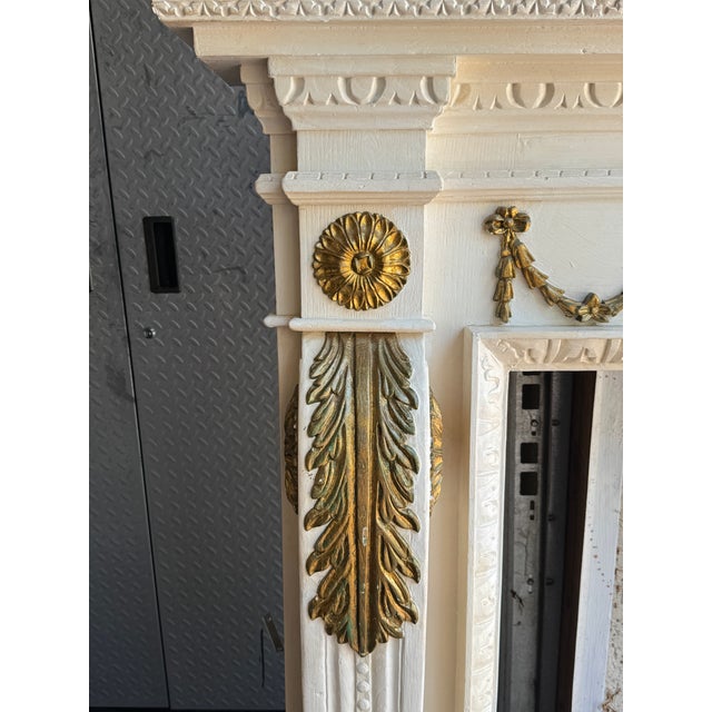 Monumental Hand-Carved Louis XVI Style White & Gilt Architectural Fireplace Mantel, Solid Wood, 83”w For Sale - Image 14 of 16