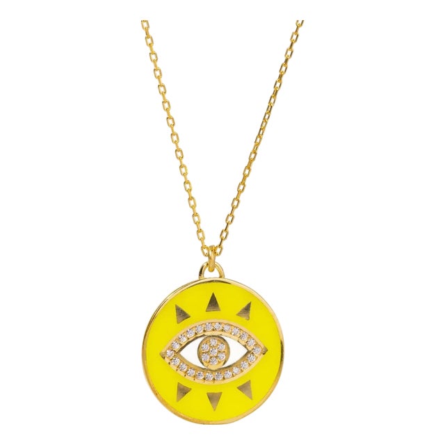 Cheerful Neon Yellow Evil Eye & Diamond Pendant Gold Chain Necklace For Sale