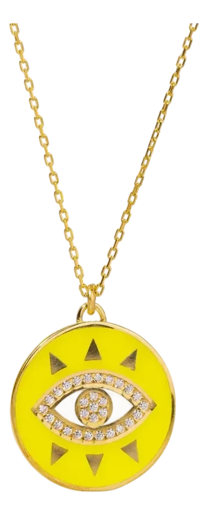 Cheerful Neon Yellow Evil Eye & Diamond Pendant Gold Chain Necklace