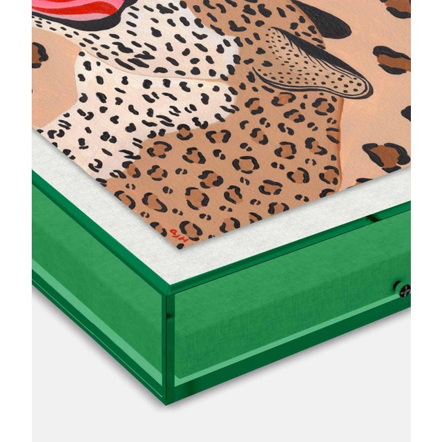 DESCRIPTION: Vanessa the Leopard by Willa Heart in Dark Green Transparent Acrylic Shadow Box, Small Art Print...