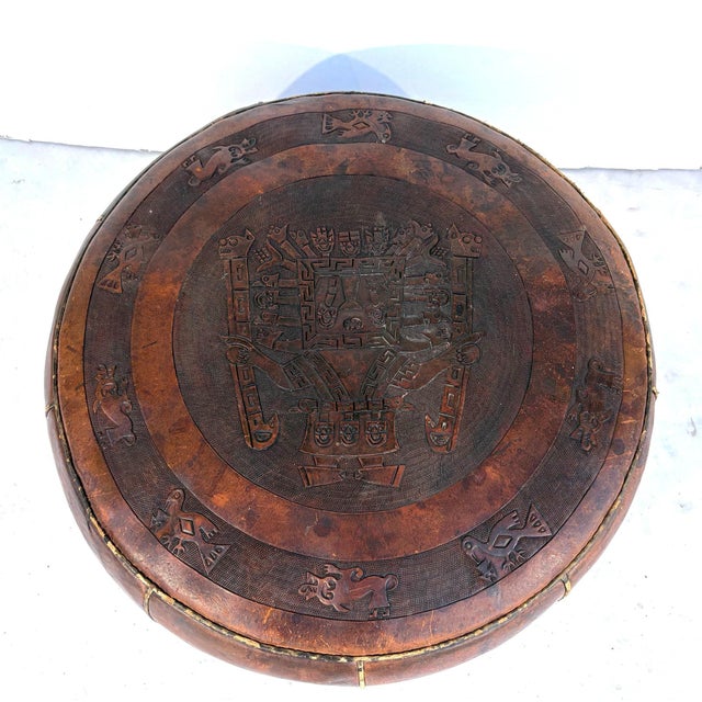 1950s Vintage Brown Tooled Saddle Leather Peruvian Ottoman Hassock For Sale - Image 5 of 6