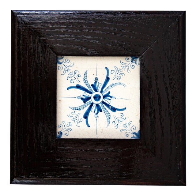 Antique 17th-Century Dutch Delft Framed Floral Aigrette Tile For Sale