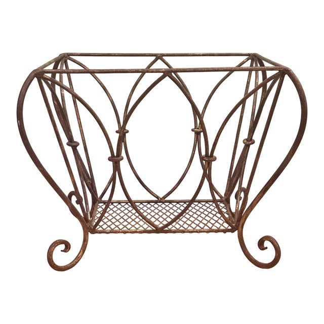 Vintage Mid-Century French Style Wrought Iron Scroll Magazine Rack For Sale