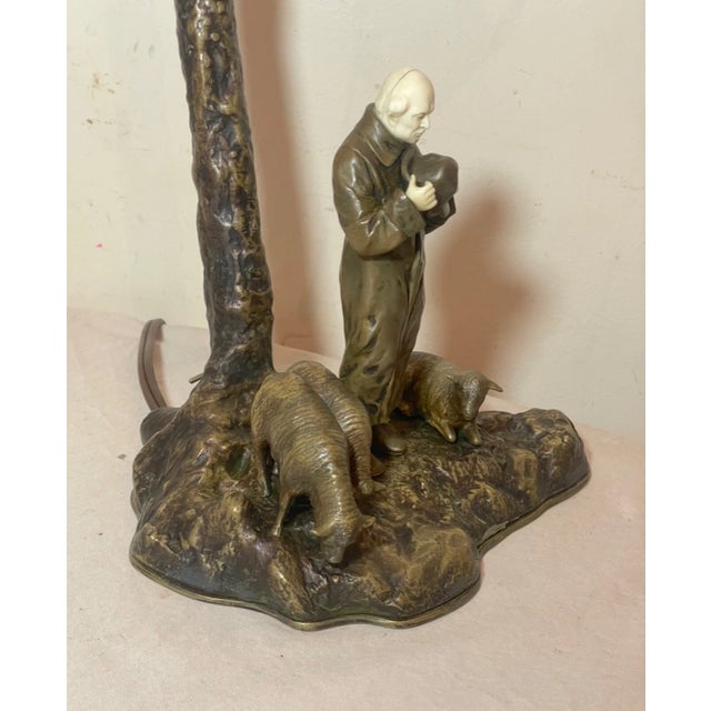 Antique Bronze Figural Sheep Herder Tree Carved Electric Table Lamp Sculpture For Sale In New York - Image 6 of 18