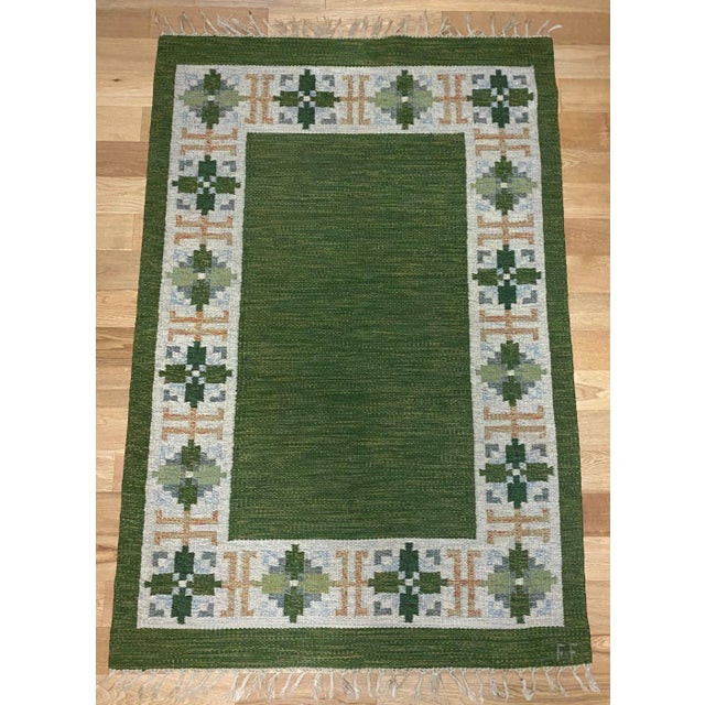 Green 1960s Vintage Swedish Green Rölakan Rug by Fredrik Fiedler For Sale - Image 8 of 8